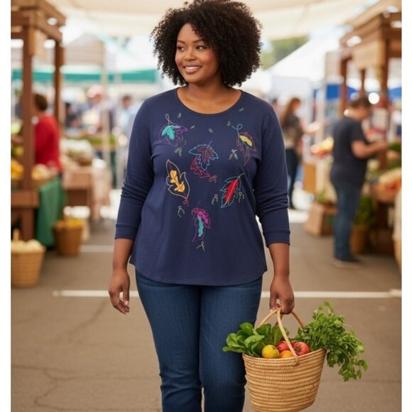 Women’s Plus Size 16 Blue Long Sleeve Top Embroidered Fall Leaves Cotton Casual - Picture 1 of 9